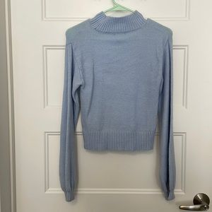 Mock neck blue sweater with bubble sleeves